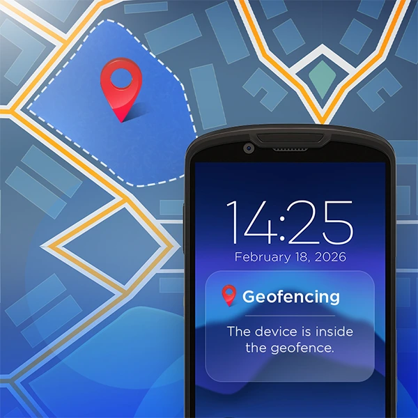 A phone shows a geofencing alert beside a map with a highlighted geofence area and a red location pin.